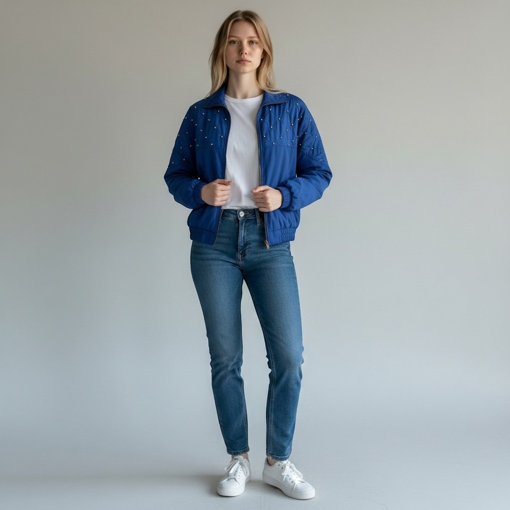 Kim Rogers Sport Silk Bomber Jacket Blue Quilted Studded Vintage PM Petite‎ Med